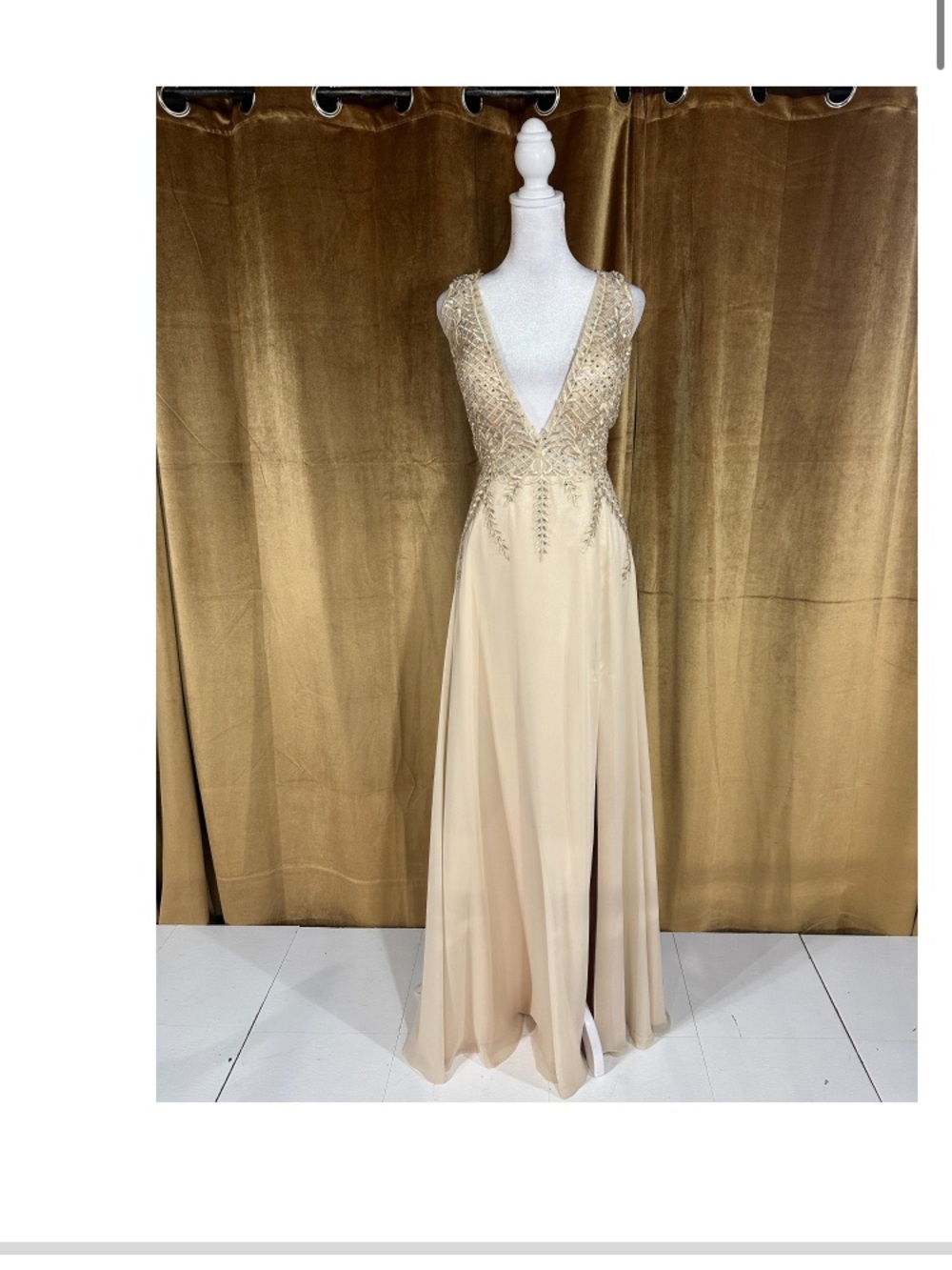 Gianni Bini Champagne Beaded V-Neck Maxi Dress